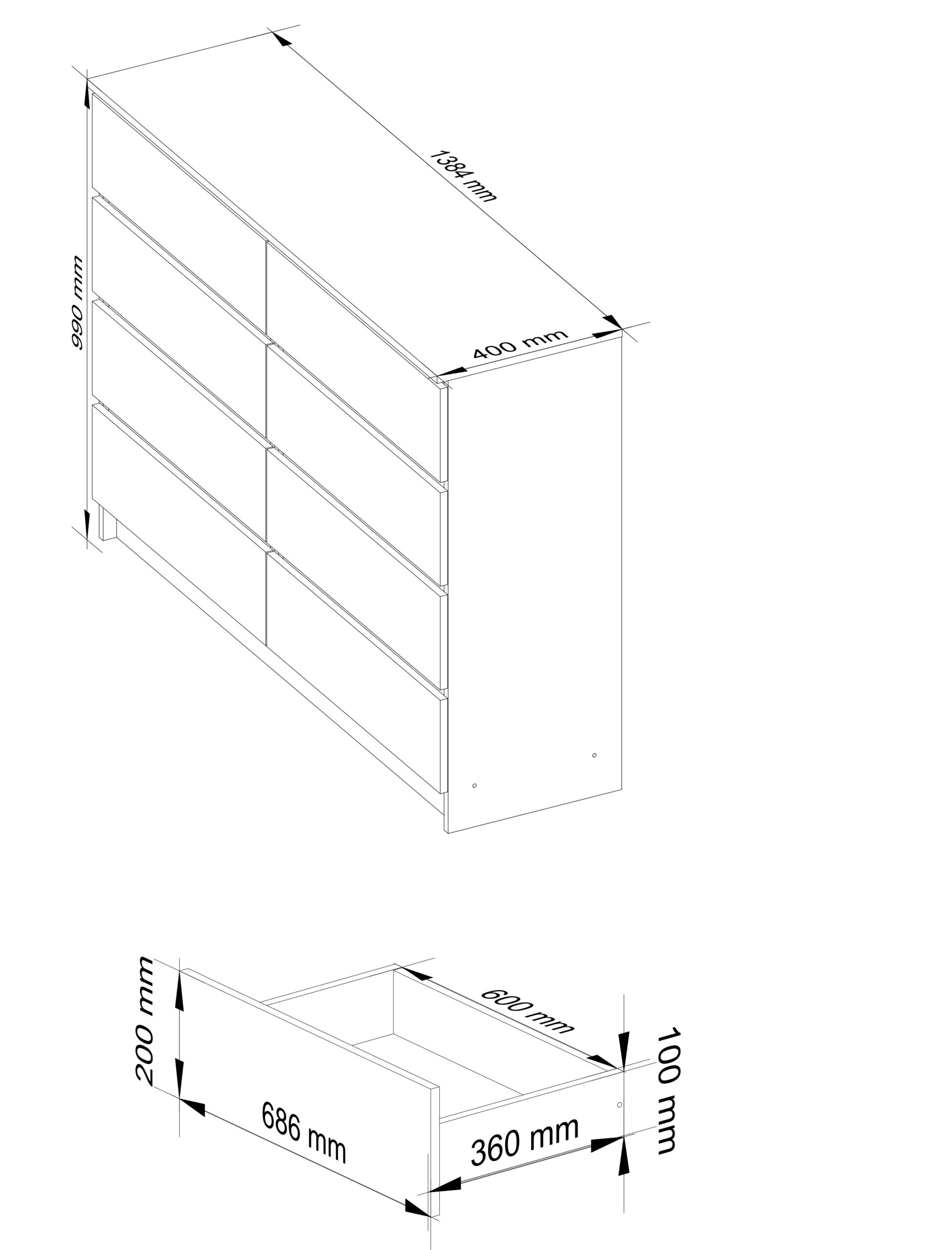 Komoda K140 – 138 cm, 8 szuflad – wymiary