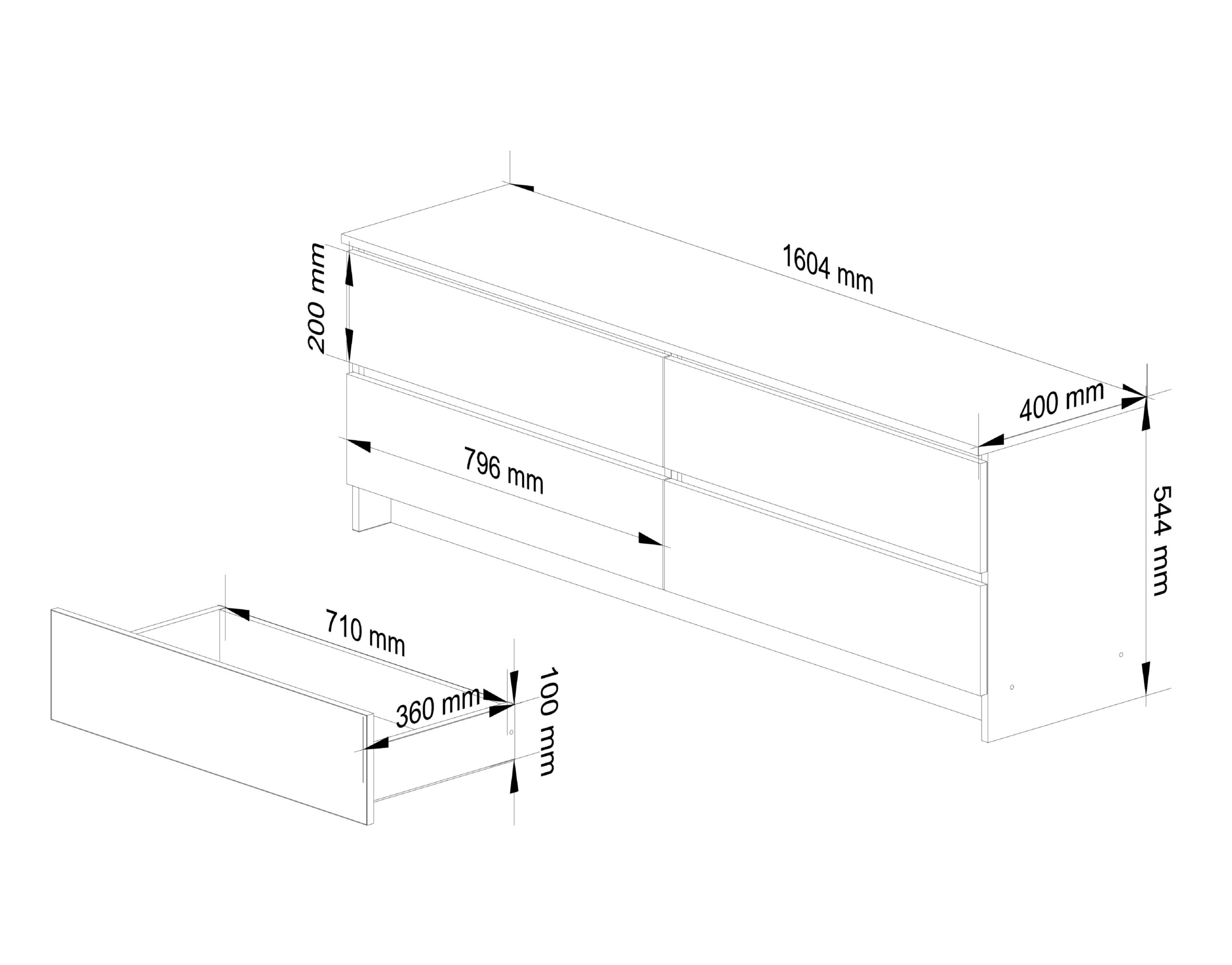 Komoda K160 – 160 cm, 4 szuflady – wymiary