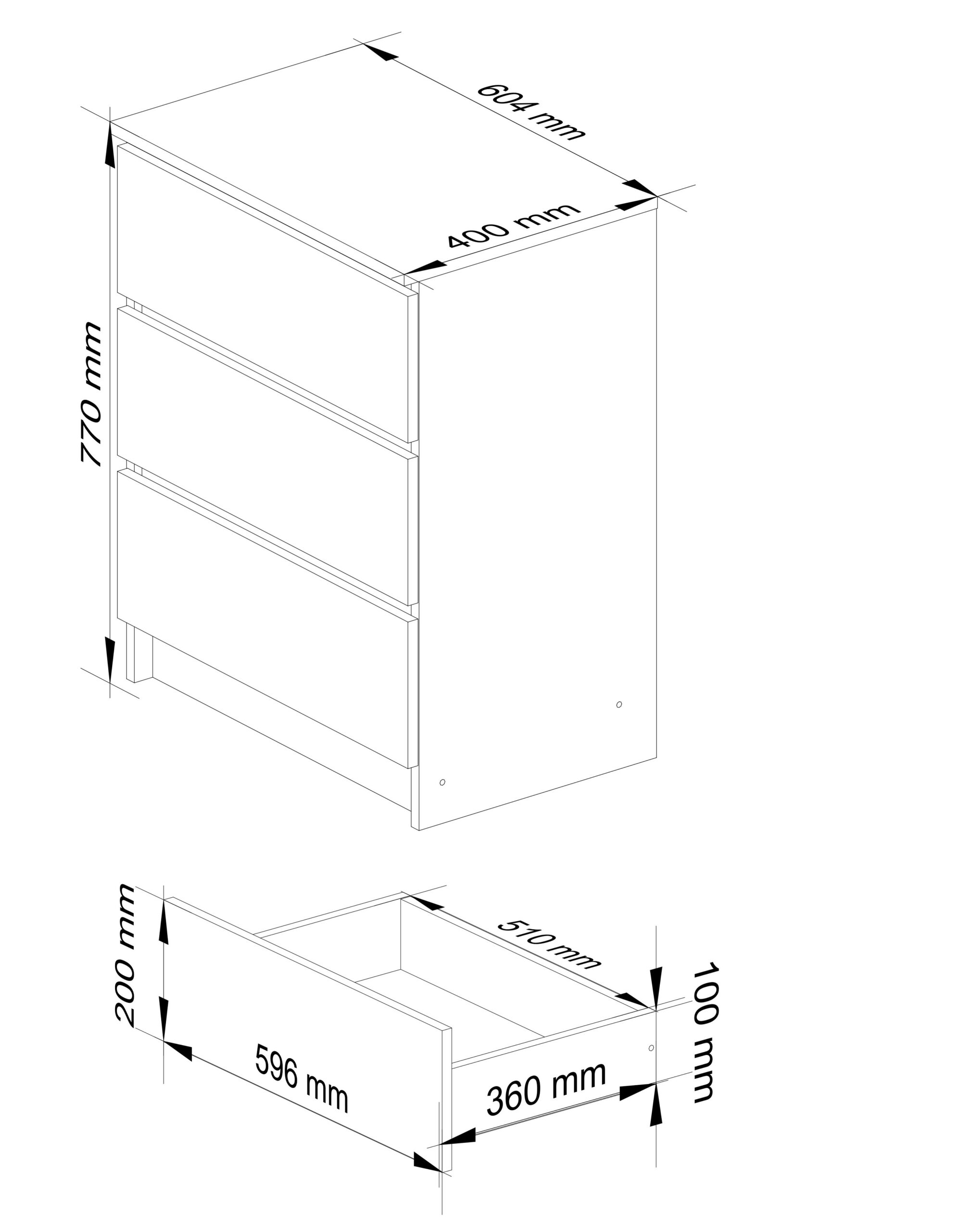 Komoda K60 – 60 cm, 3 szuflady – wymiary