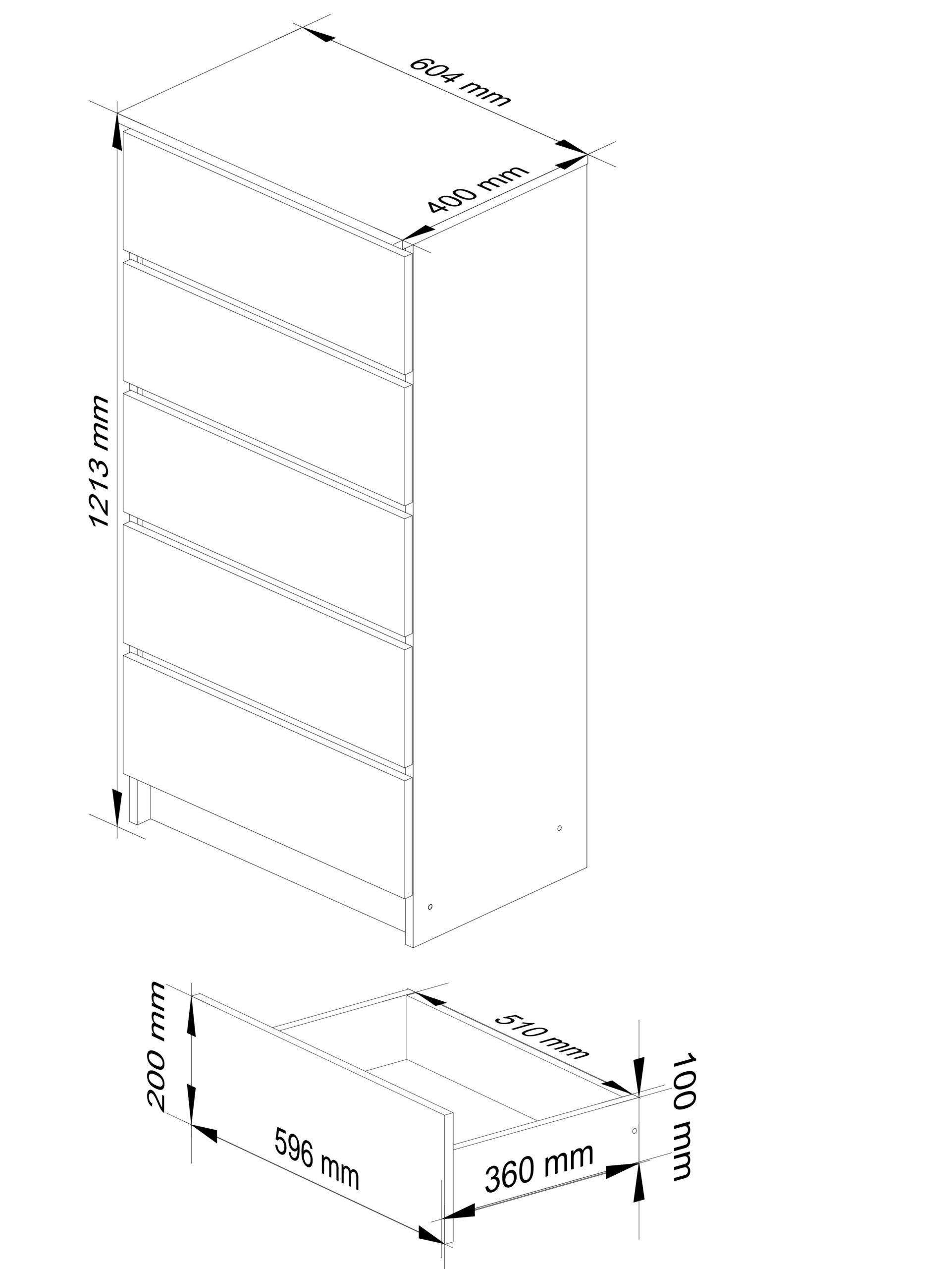 Komoda K60 – 60 cm, 5 szuflad – wymiary