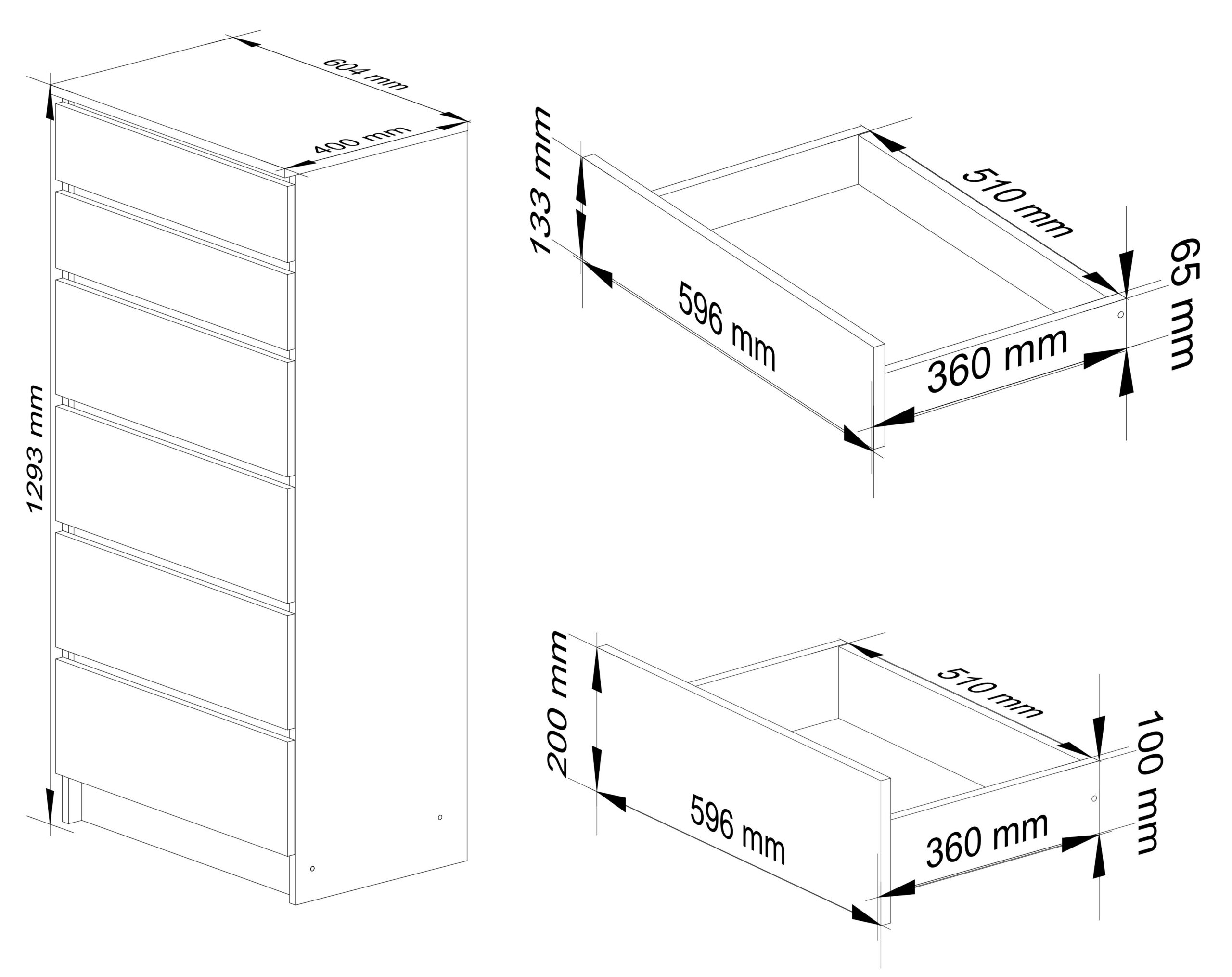 Komoda K60 – 60 cm, 6 szuflad – wymiary