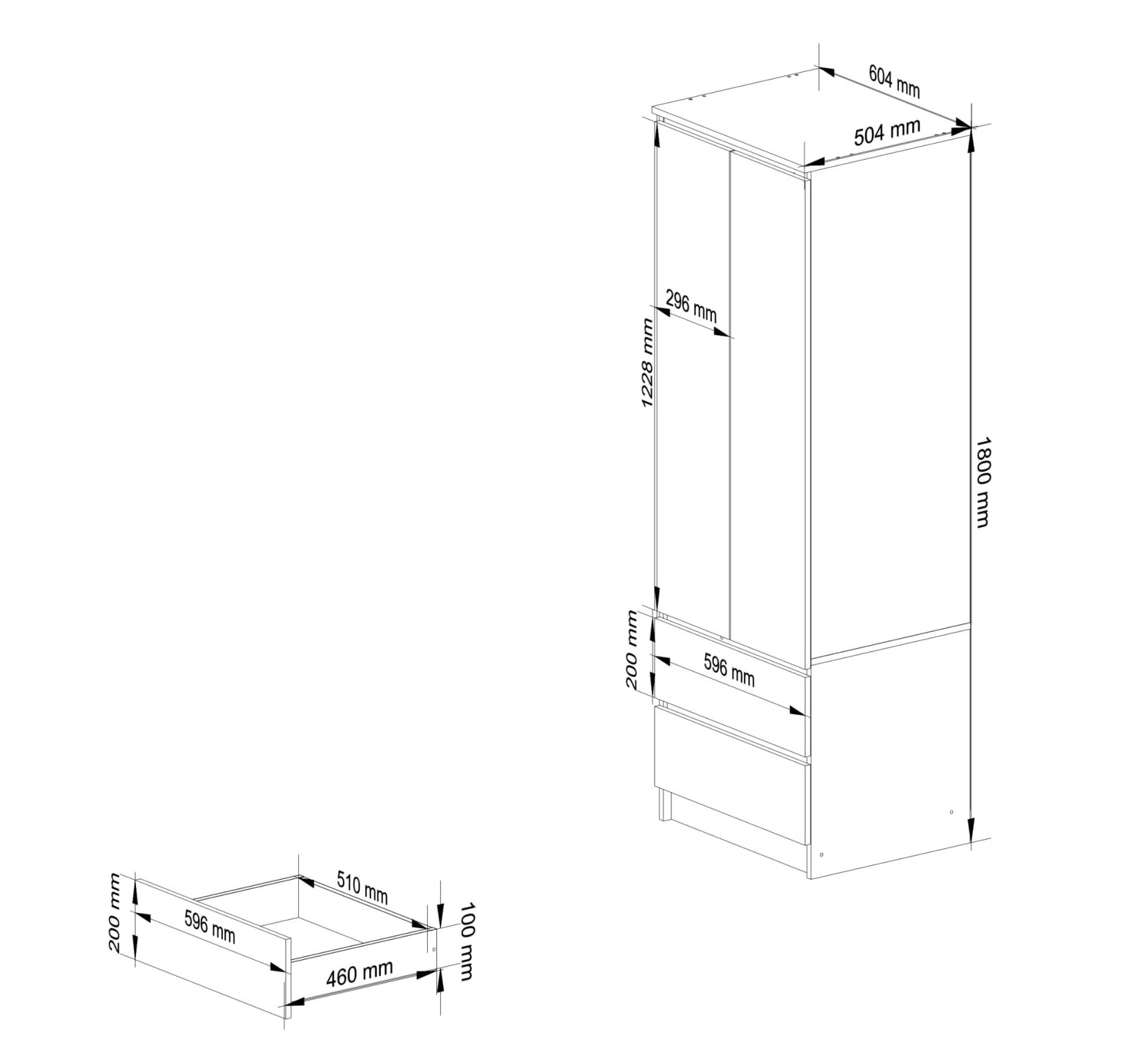 Szafa S60 – 60 cm, 2 drzwi, 2 szuflady – wymiary